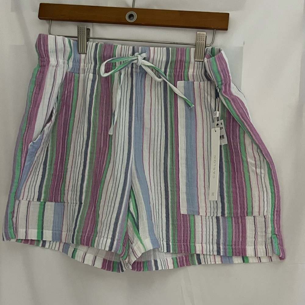 NWT Caslon stripped cotton shorts with front pockets teal/white/purple colored,M